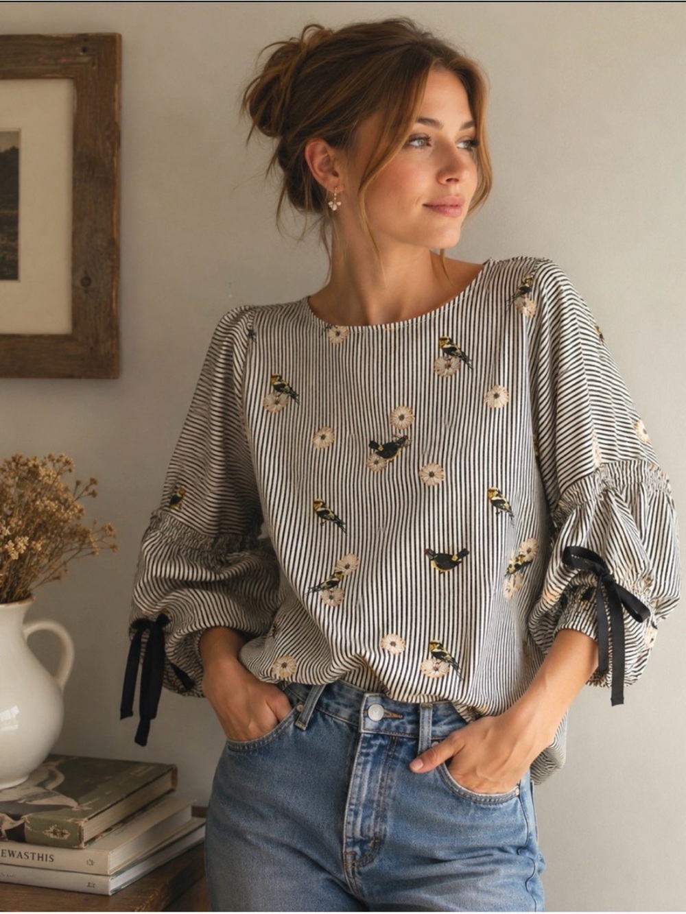 Nanette Lepore Bird Floral Pinstripe Cotton Balloon Sleeve Blouse L